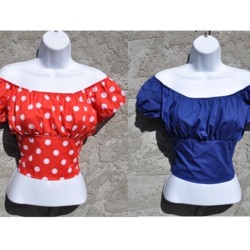 Two Crop top Low Shoulder Red Polkadots and royal blue Retro Vintage tops.